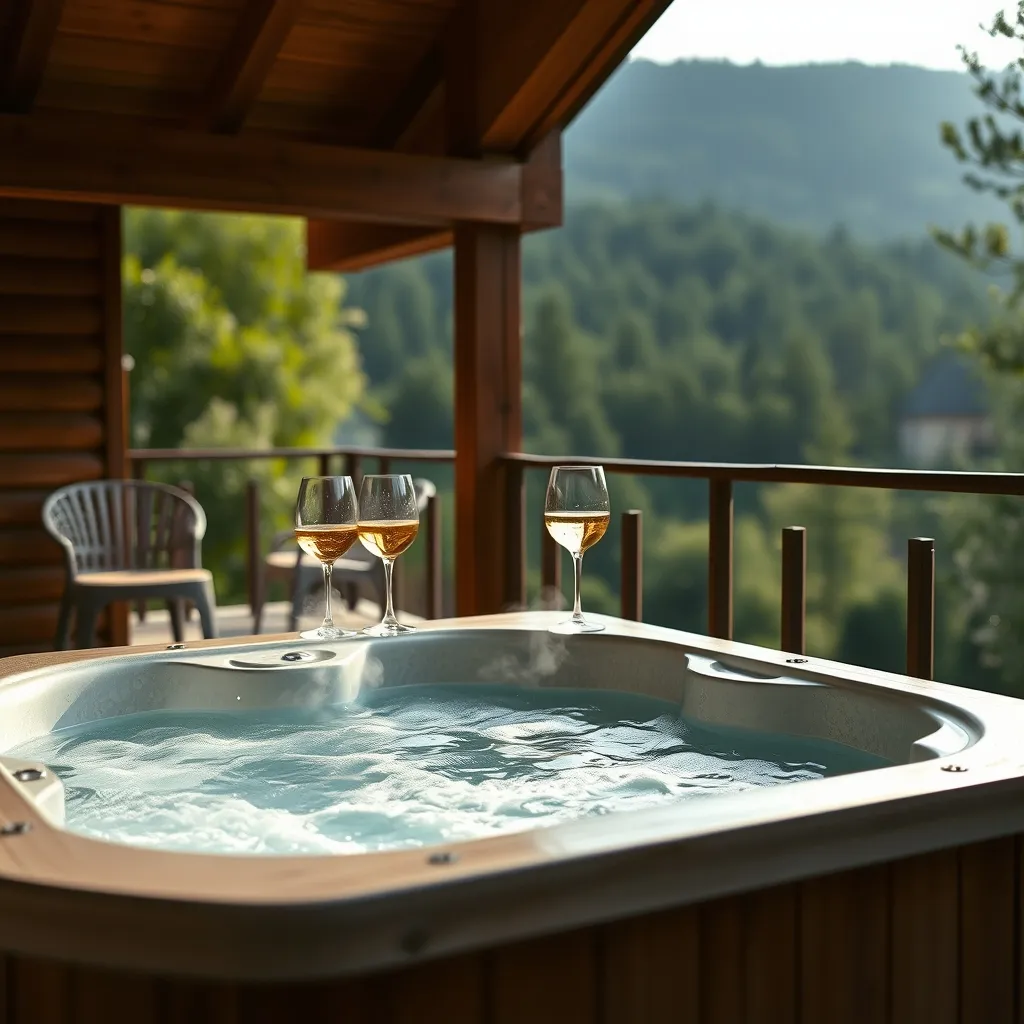 Jacuzzi privatif sur la terrasse d'une cabane insolite avec vue sur la forêt vendéenne