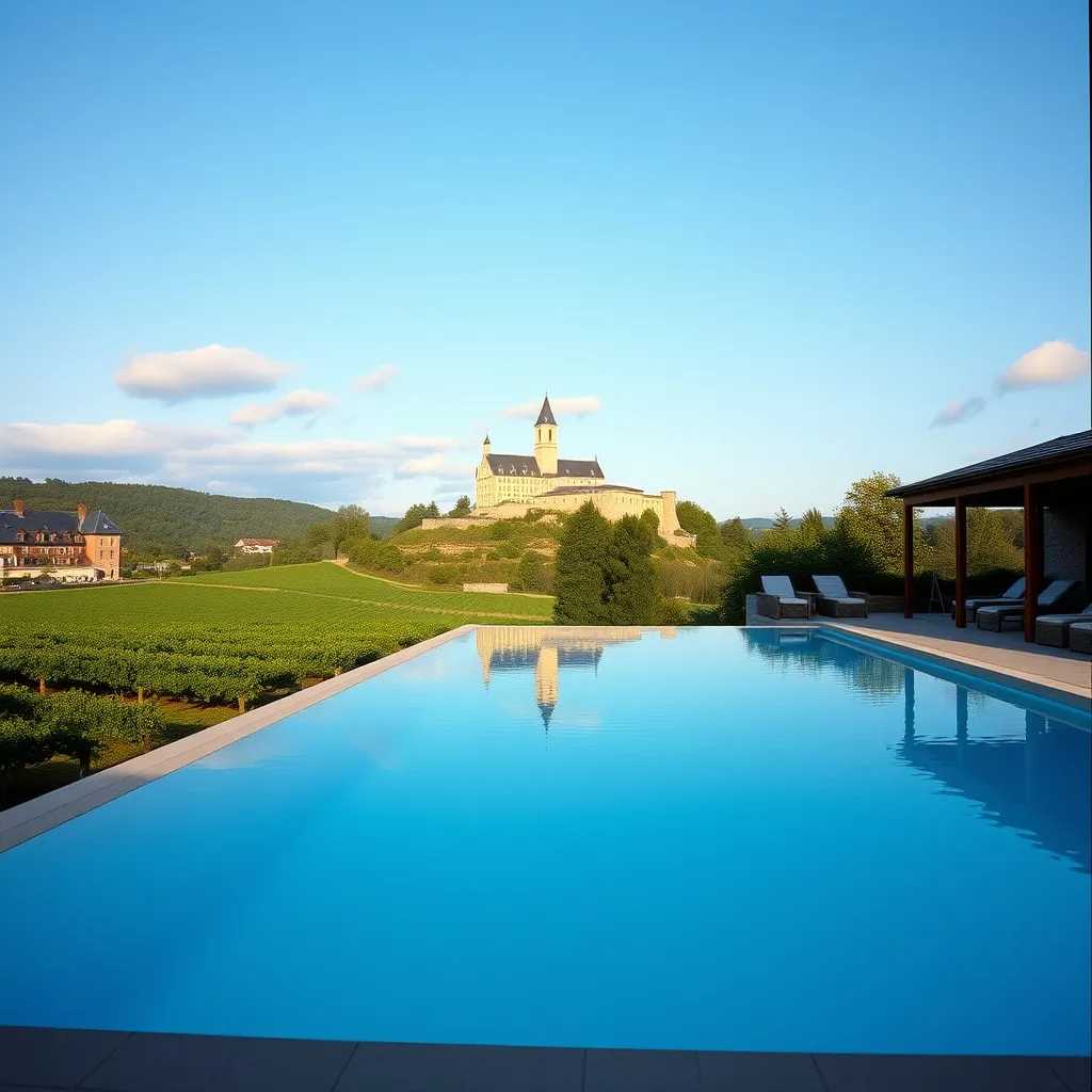 Piscine extérieure chauffée avec vue sur le château du Haut-Koenigsbourg