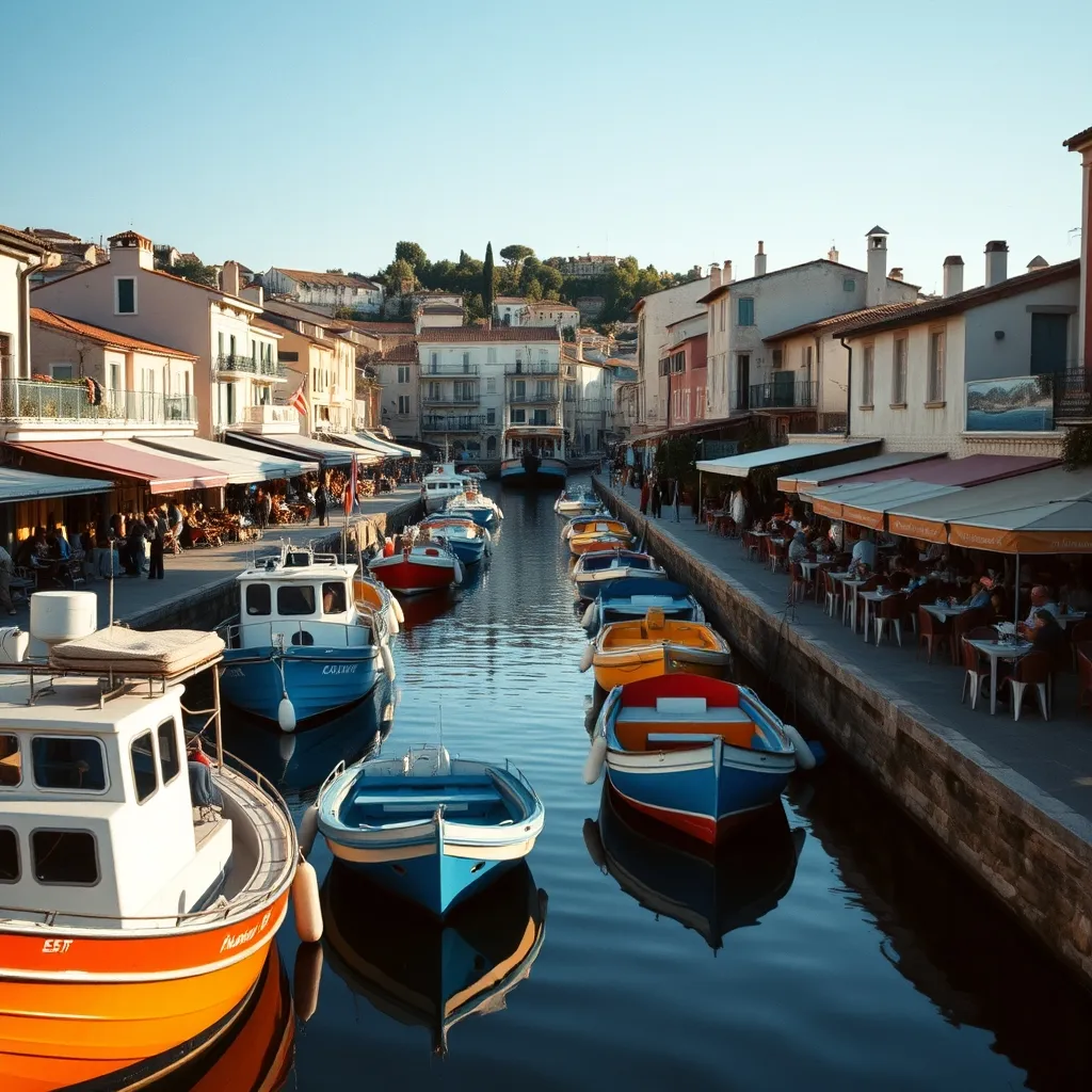 Le canal de Palavas-les-Flots bordé de restaurants et de bateaux de pêche colorés