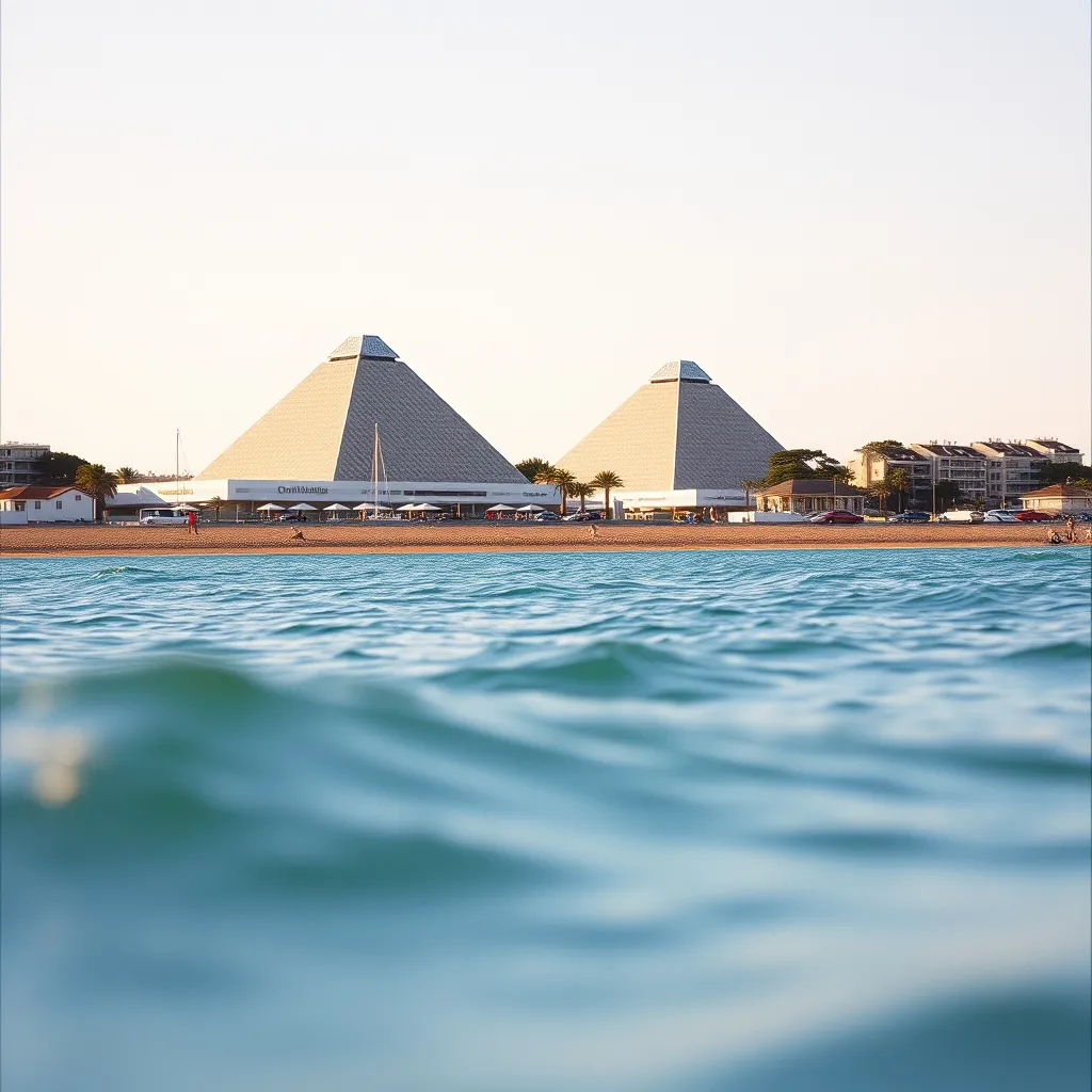 L'architecture pyramidale emblématique de La Grande-Motte vue depuis la plage