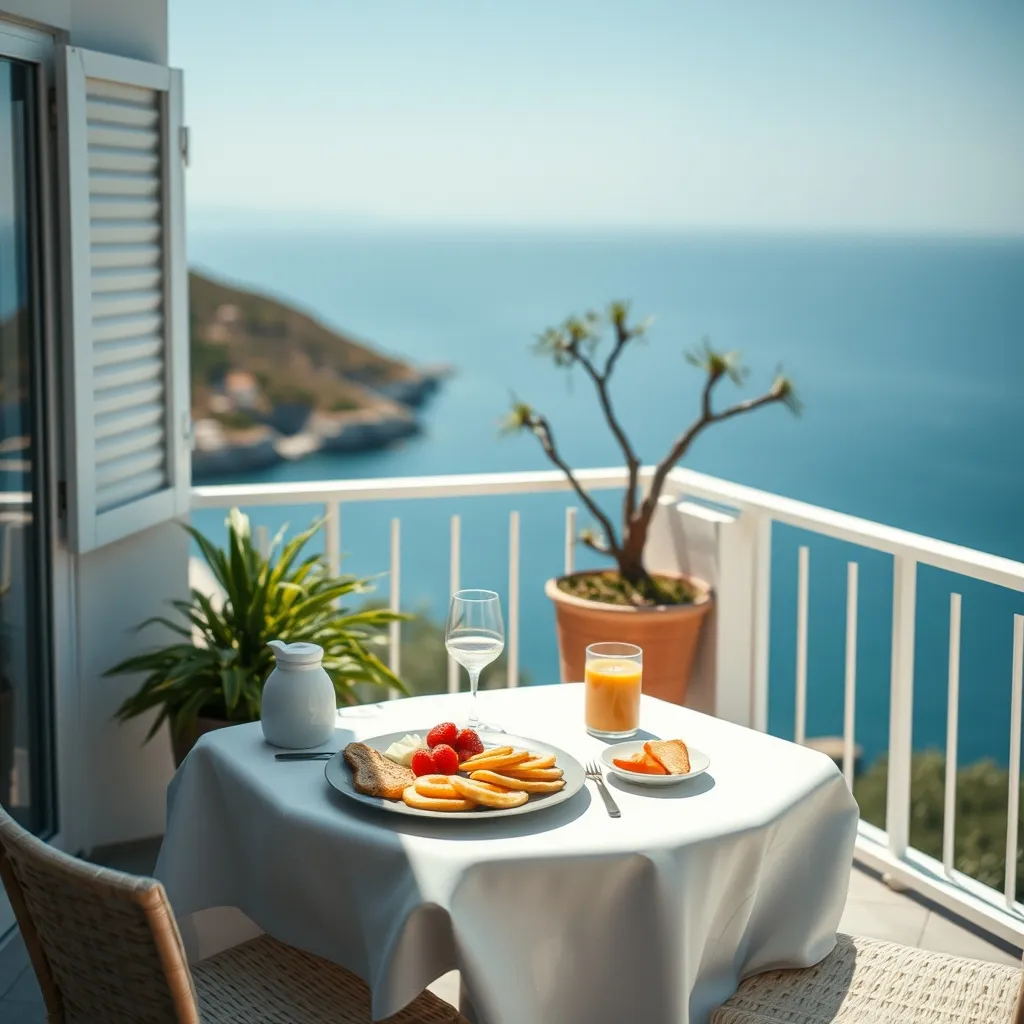 Terrasse d'un appart'hôtel avec vue sur la Méditerranée, idéale pour un petit-déjeuner face à la mer