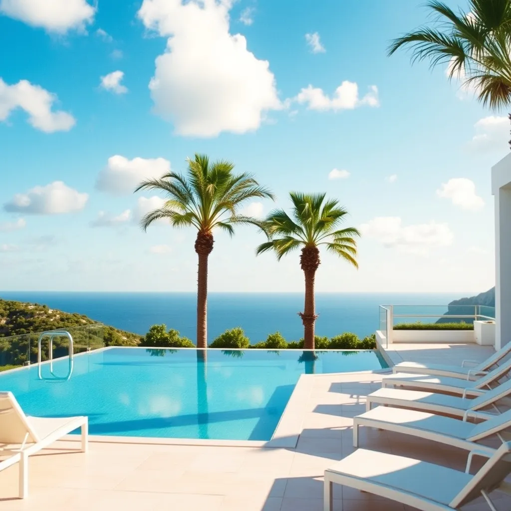 Terrasse avec piscine d'un hôtel 4 étoiles face à la côte de l'Algarve près de Faro