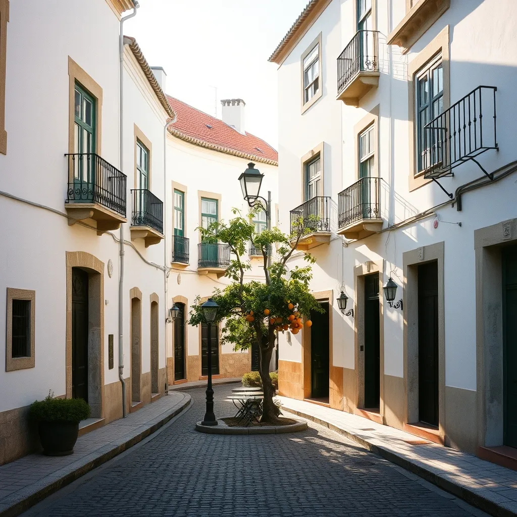 Ruelle pavée de la Cidade Velha à Faro, entre terrasses ombragées et façades blanchies à la chaux