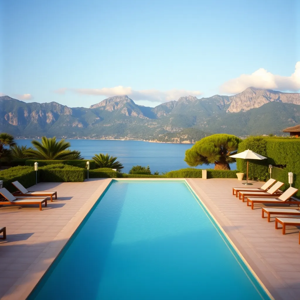 La piscine chauffée de l'hôtel avec vue sur les montagnes corses