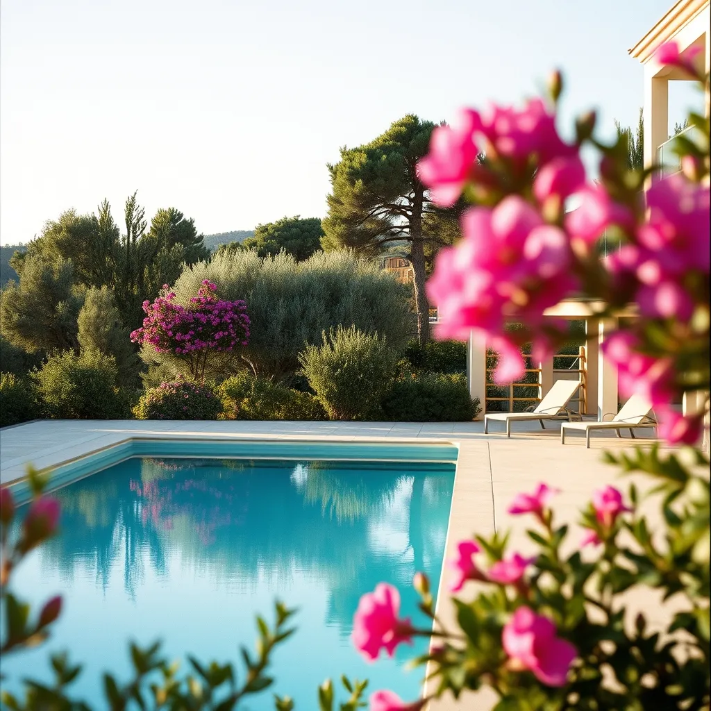 La piscine extérieure entourée d'un jardin méditerranéen planté d'oliviers