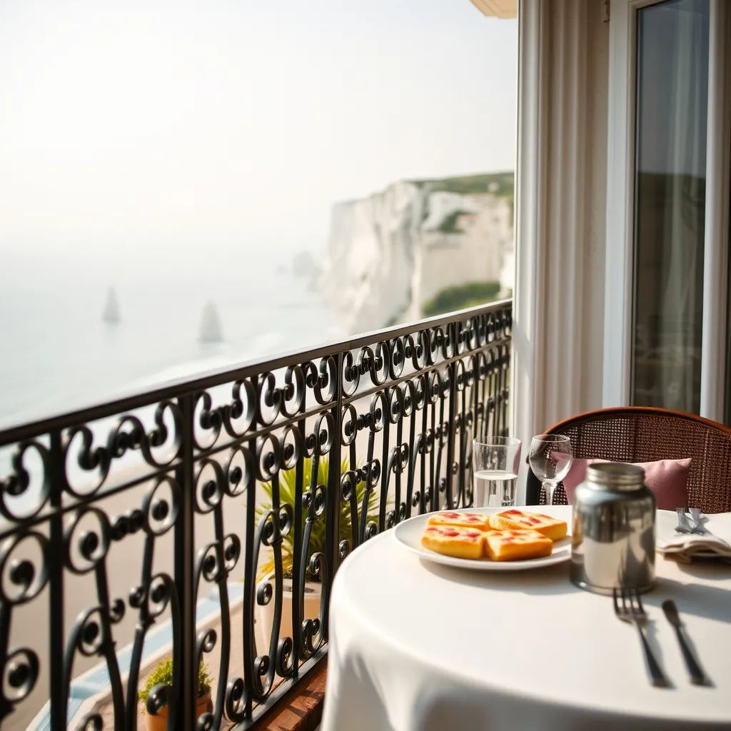 Vue sur les falaises d'Étretat depuis la terrasse d'un hôtel de charme normand