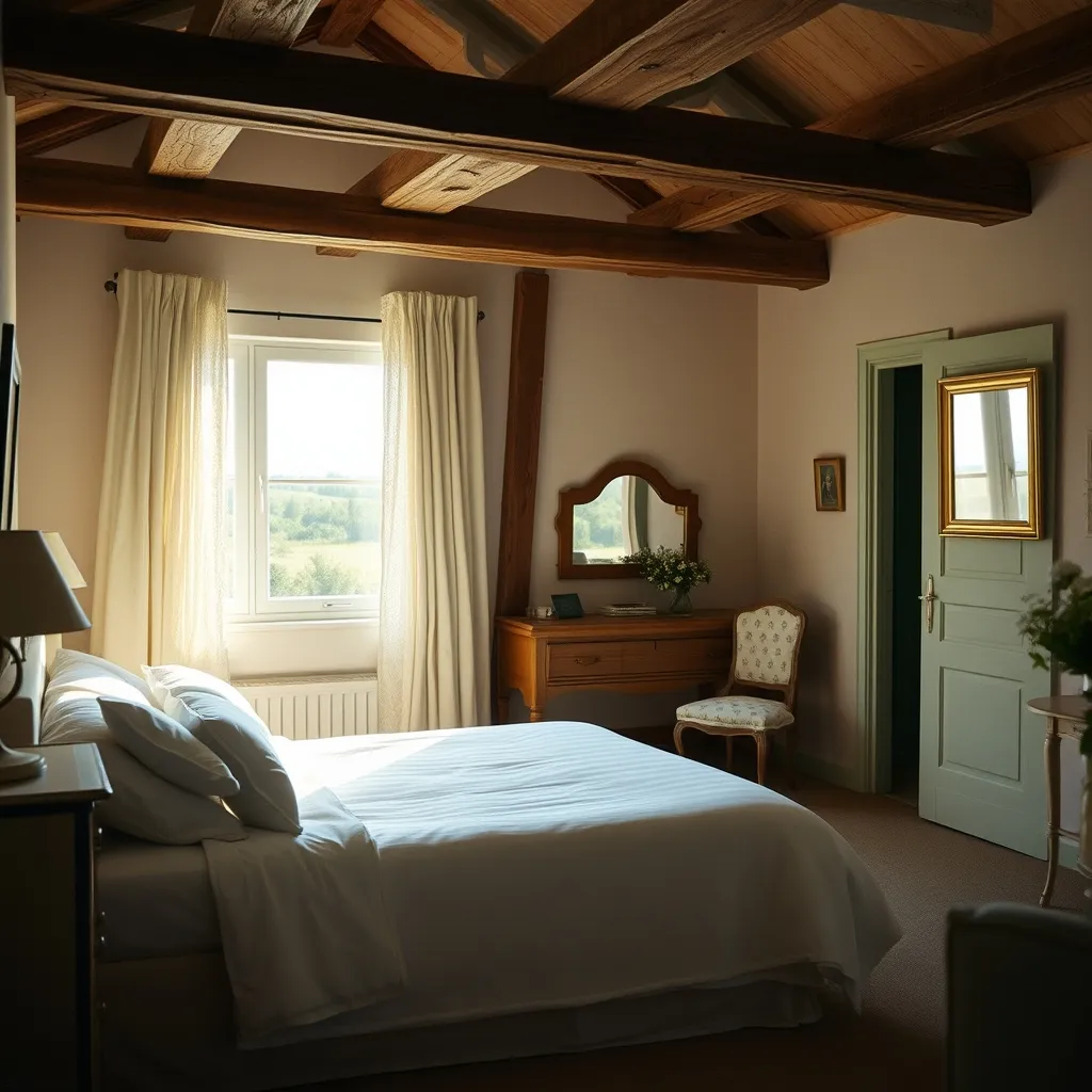 Chambre d'un hôtel de charme dans la campagne normande avec poutres apparentes