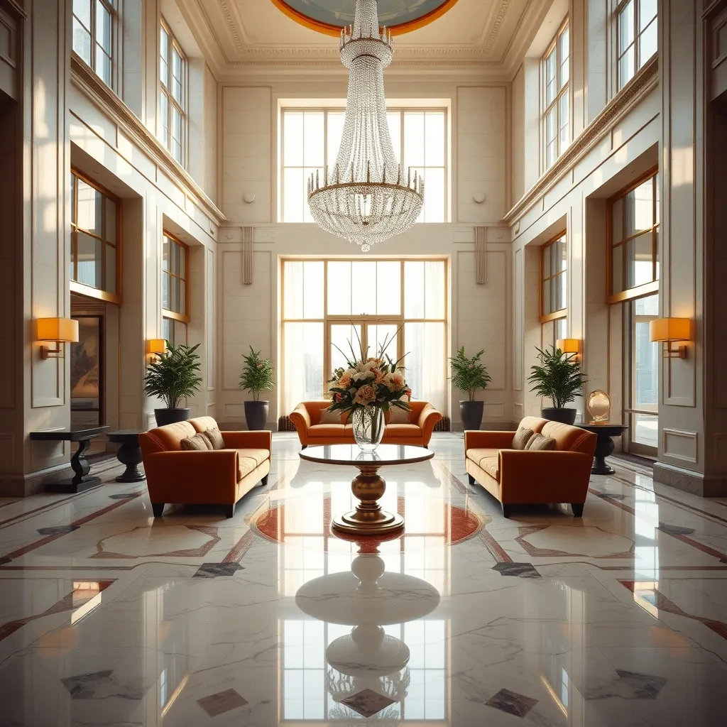 Hall d'accueil d'un hôtel 5 étoiles avec lustre en cristal et mobilier raffiné