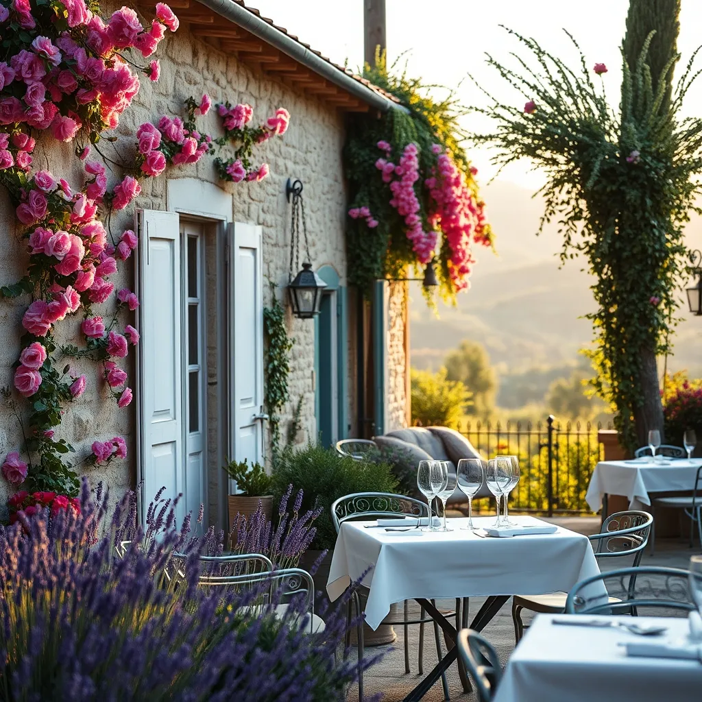 Terrasse d'une bastide de luxe en Provence entourée de lavande et de rosiers grimpants