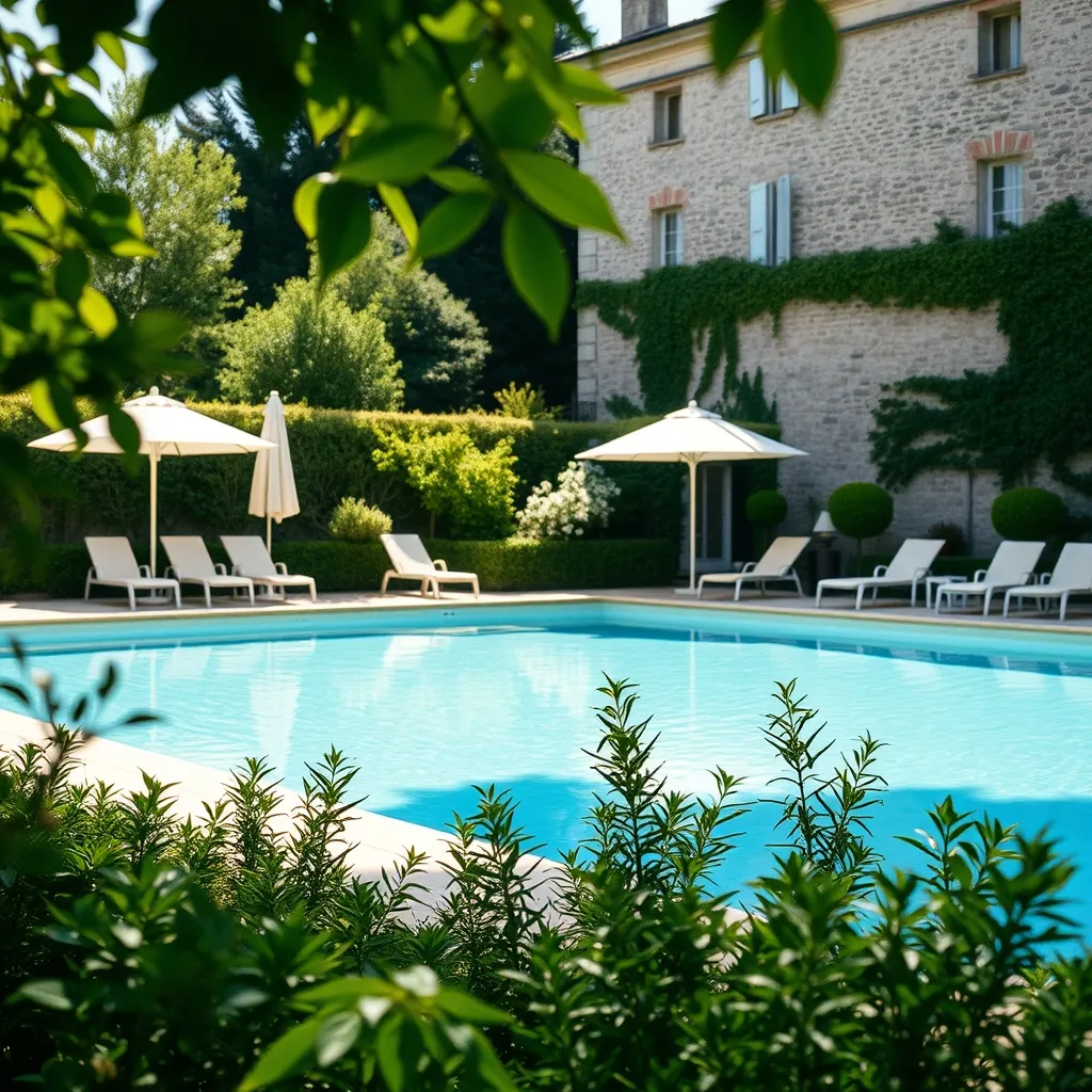 La piscine extérieure chauffée nichée dans le parc arboré de l'hôtel