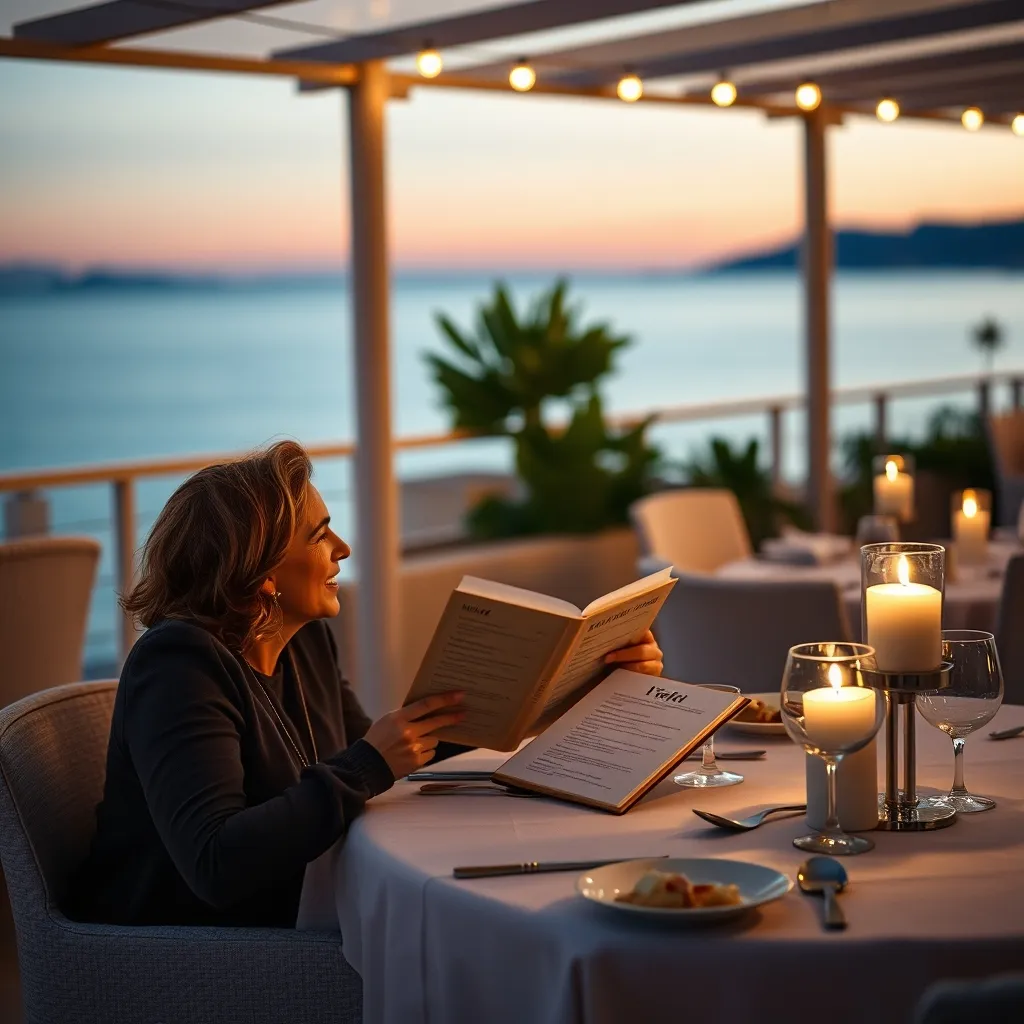 Couple consultant le menu du dîner en demi-pension face à la mer