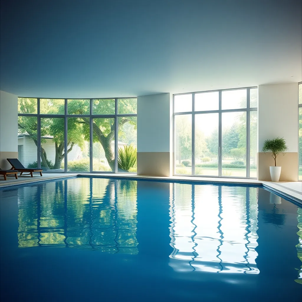 Piscine intérieure chauffée d'un hôtel normand avec vue sur le jardin