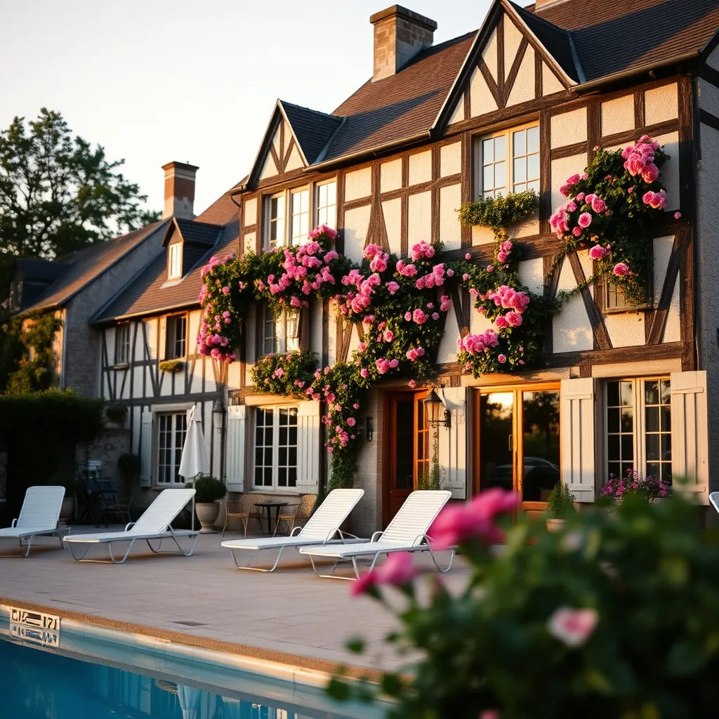 Façade à colombages d'un hôtel de charme normand avec piscine au premier plan