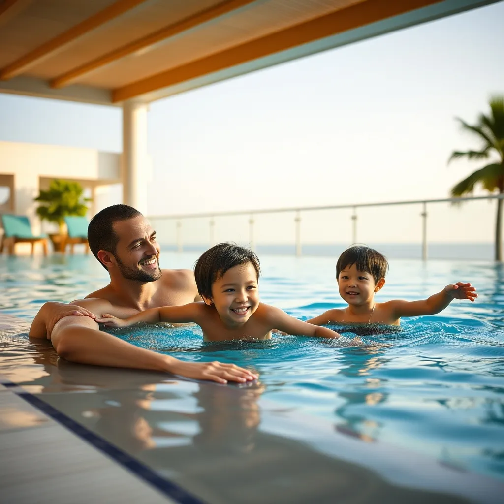 Famille profitant de la piscine d'un hôtel adapté aux enfants en Normandie