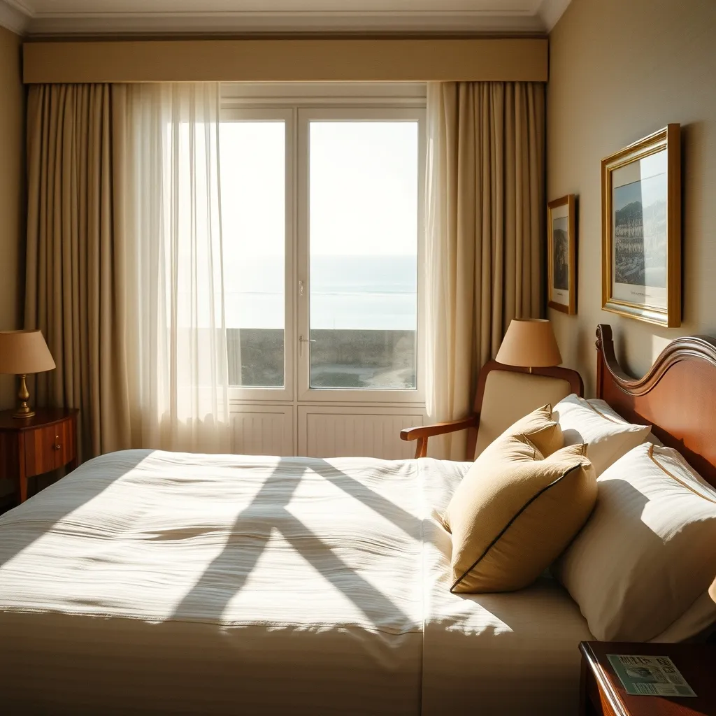 Chambre d'hôtel vue mer à Granville avec décoration normande soignée