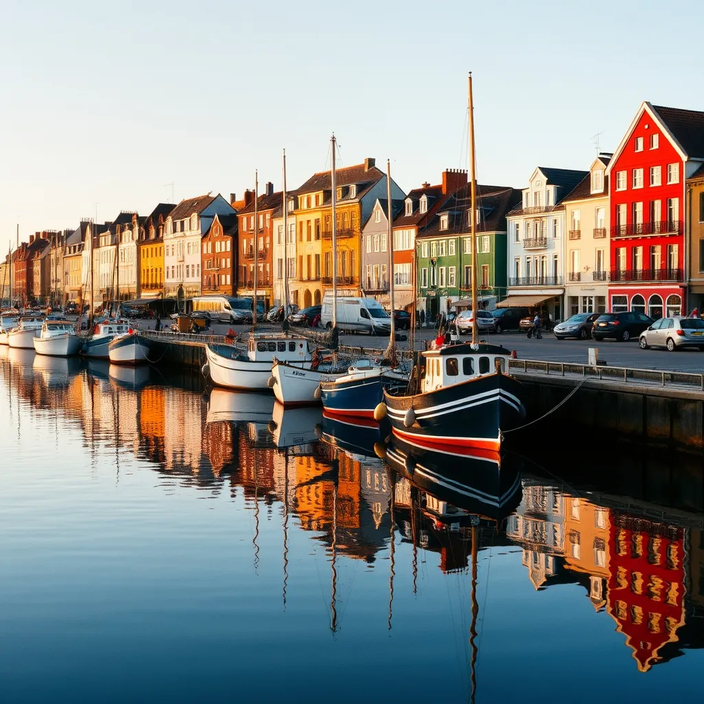 Le port de Granville au lever du soleil avec ses bateaux de pêche colorés