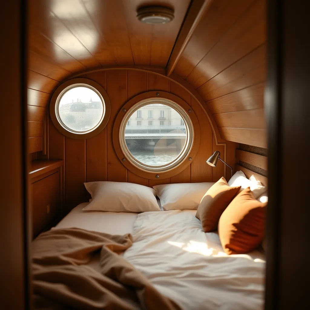 Intérieur chaleureux d'une cabine de péniche-hôtel amarrée sur la Seine