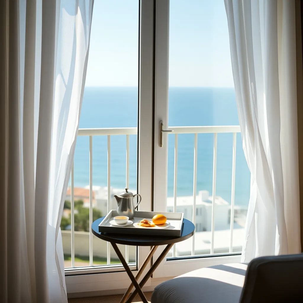 Vue depuis le balcon d'une chambre d'hôtel face à l'océan Atlantique à La Rochelle