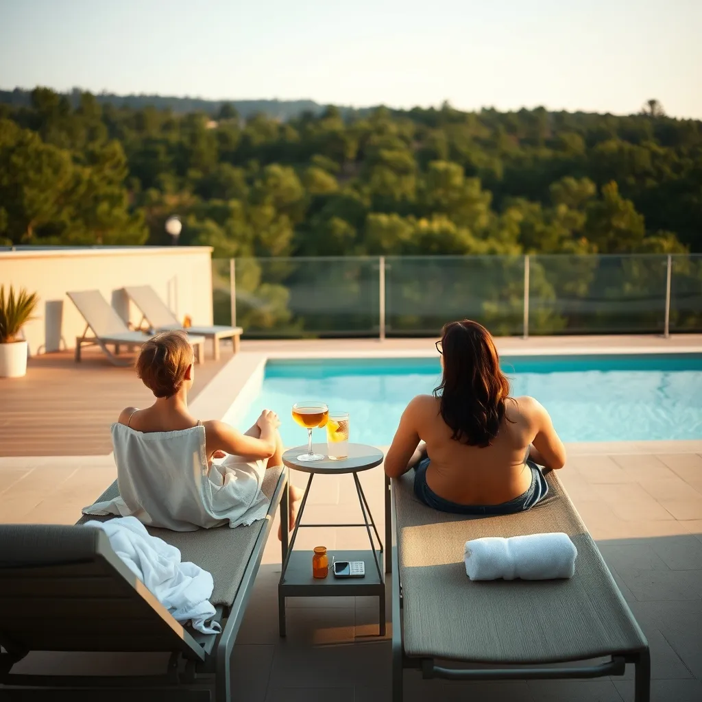 Détente au bord de la piscine extérieure avec vue sur la forêt de pins