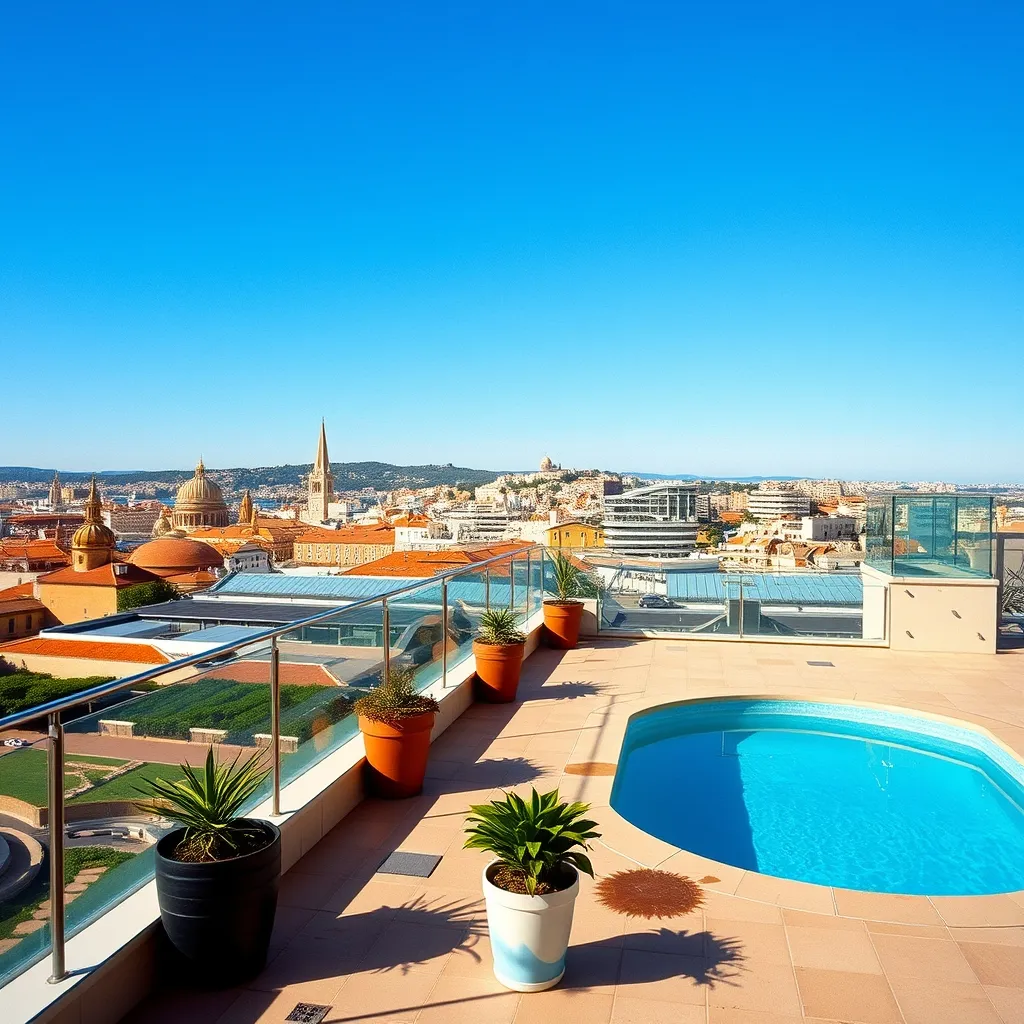 Vue panoramique depuis un rooftop avec piscine dans le quartier Antigone