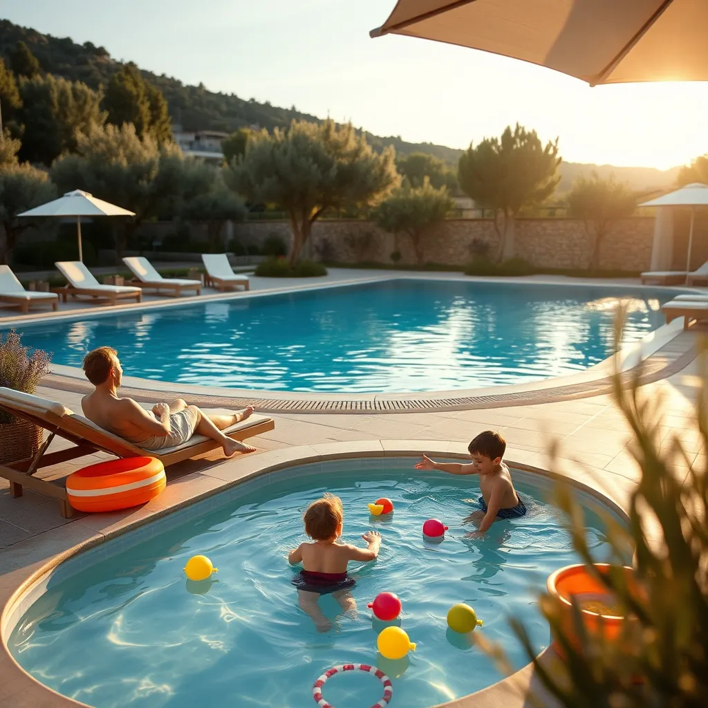 Espace piscine familial avec pataugeoire dans un hôtel de la périphérie sud de Montpellier