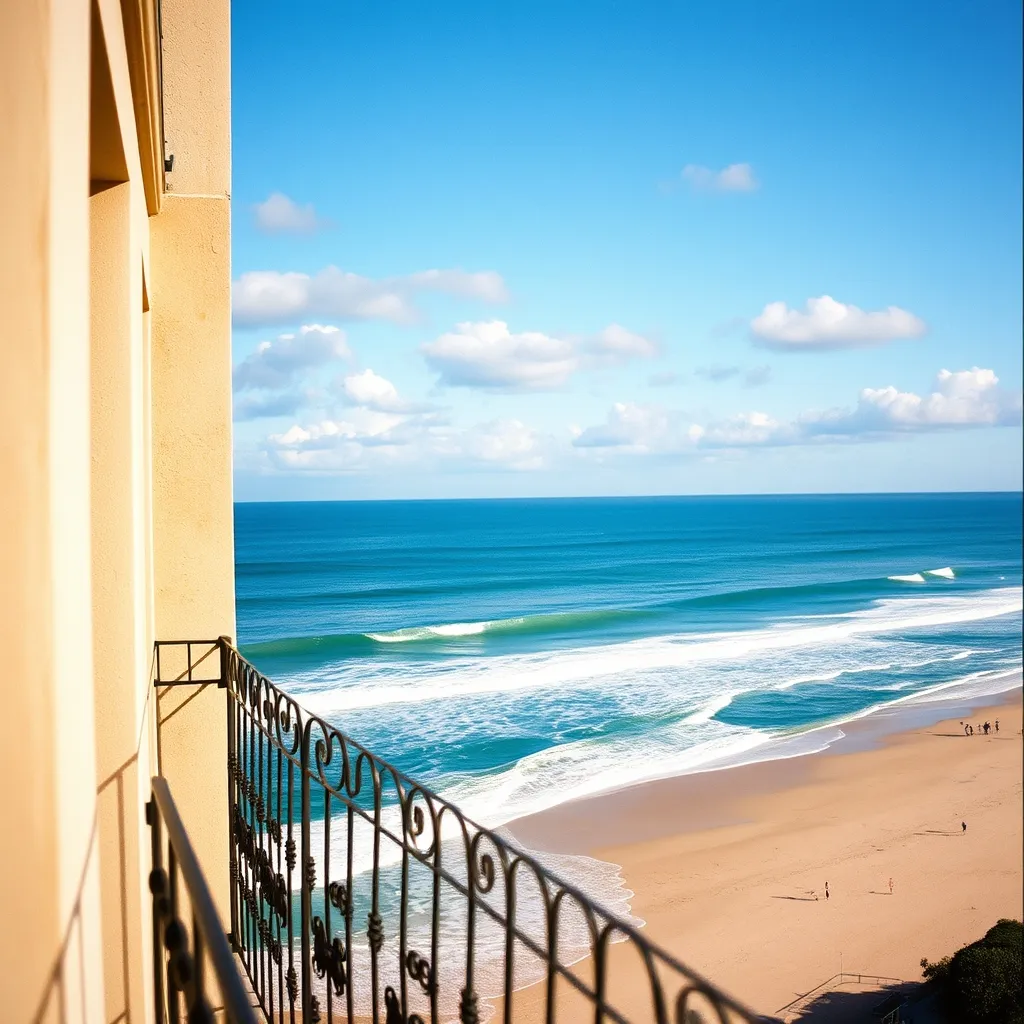 Vue sur la Grande Plage de Biarritz depuis le balcon d'un hôtel abordable de la côte basque