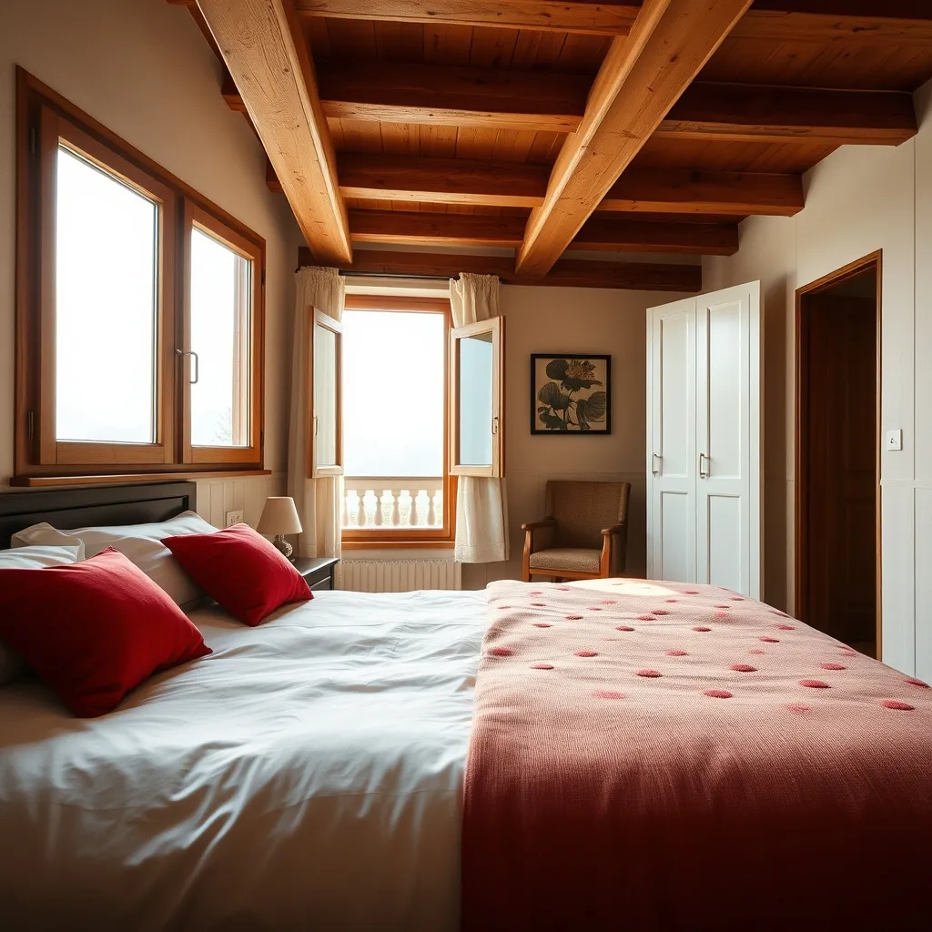 Chambre d'hôtel confortable dans le style basque traditionnel avec poutres apparentes