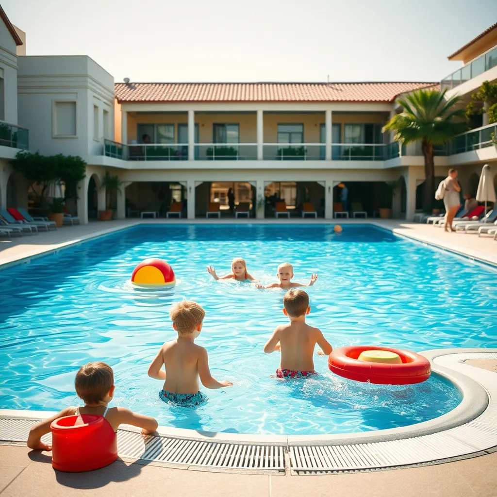 Espace piscine familial avec pataugeoire dans un hôtel adapté aux enfants