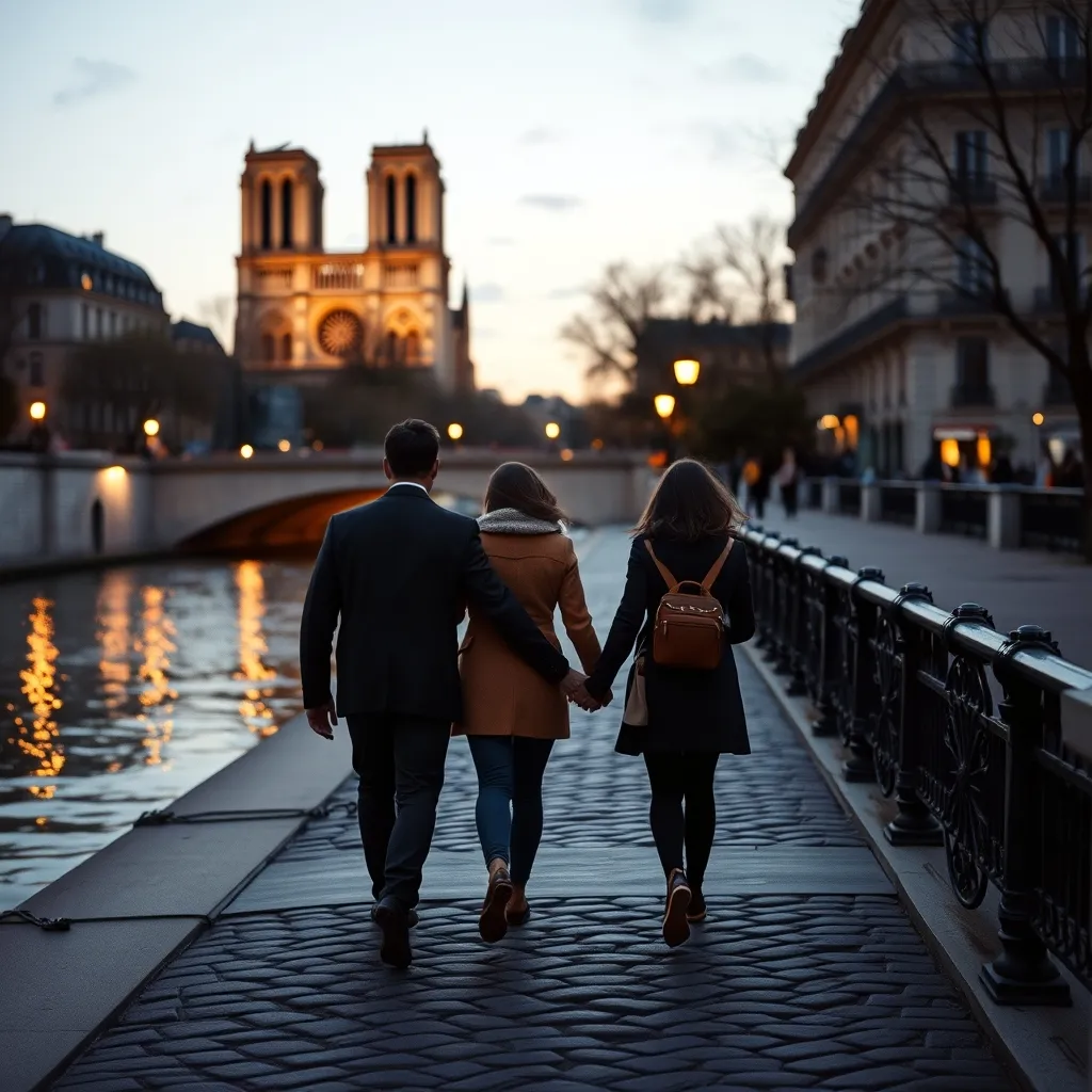 Promenade en amoureux sur les quais de Seine au crépuscule parisien