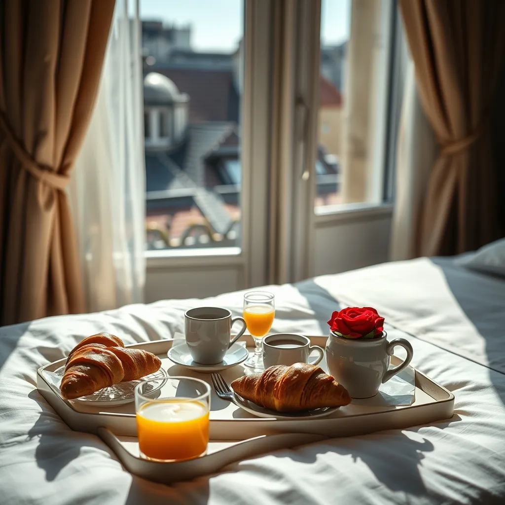 Petit-déjeuner romantique servi en chambre dans un hôtel parisien