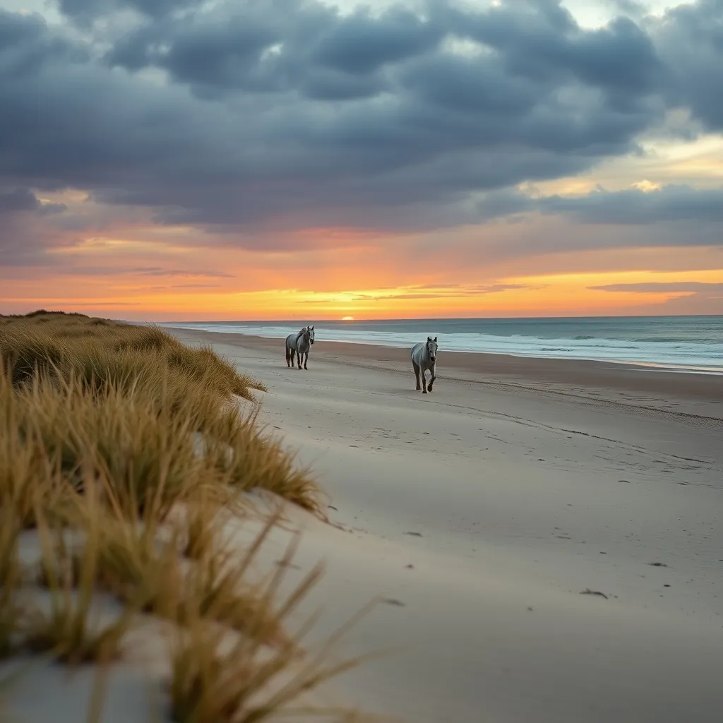 Chevaux blancs sur une plage sauvage de Camargue près des Saintes-Maries-de-la-Mer