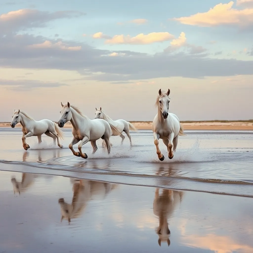 Chevaux camarguais en liberté sur la plage des Saintes-Maries-de-la-Mer au coucher du soleil