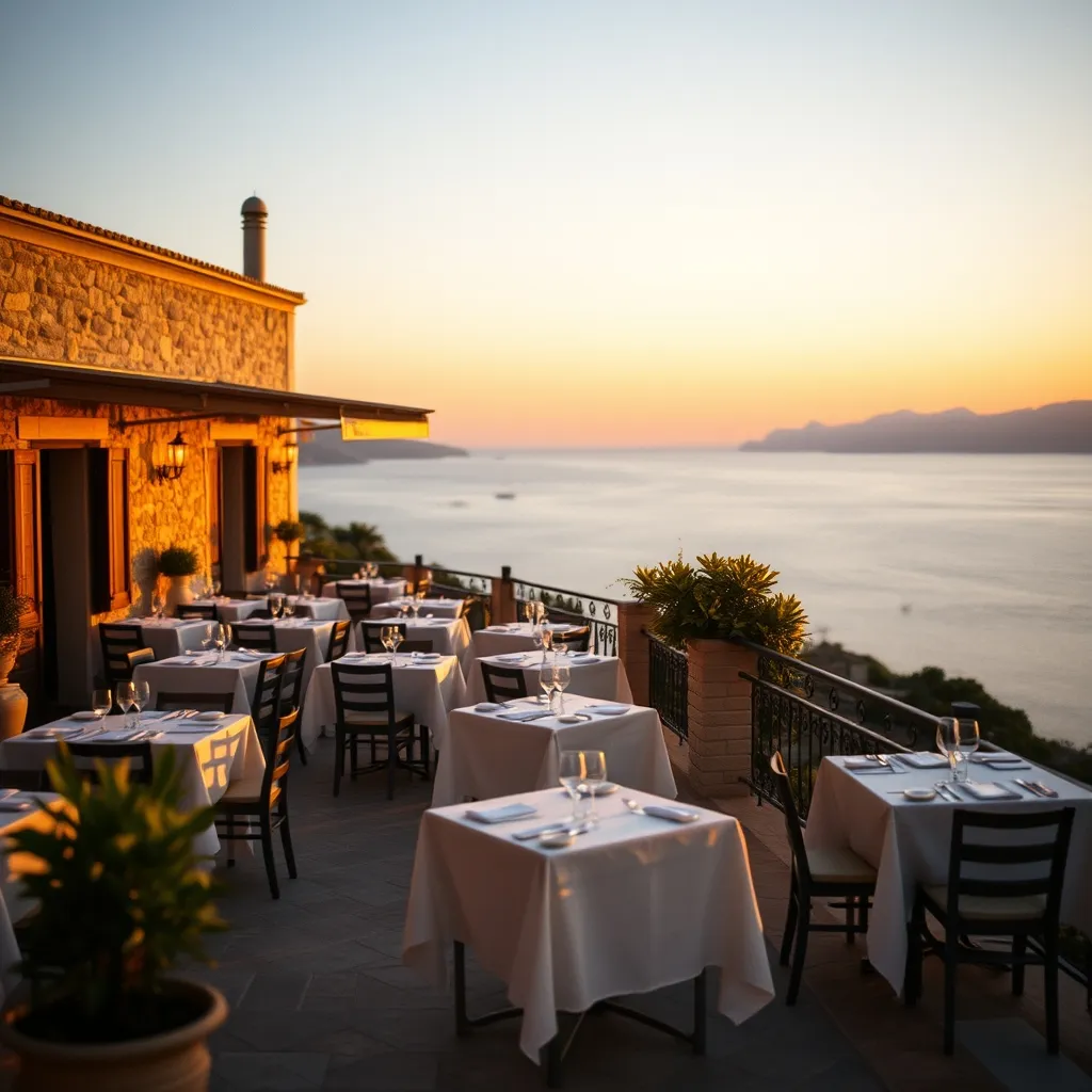 La terrasse du restaurant offre une vue panoramique sur le golfe de Porto au coucher du soleil