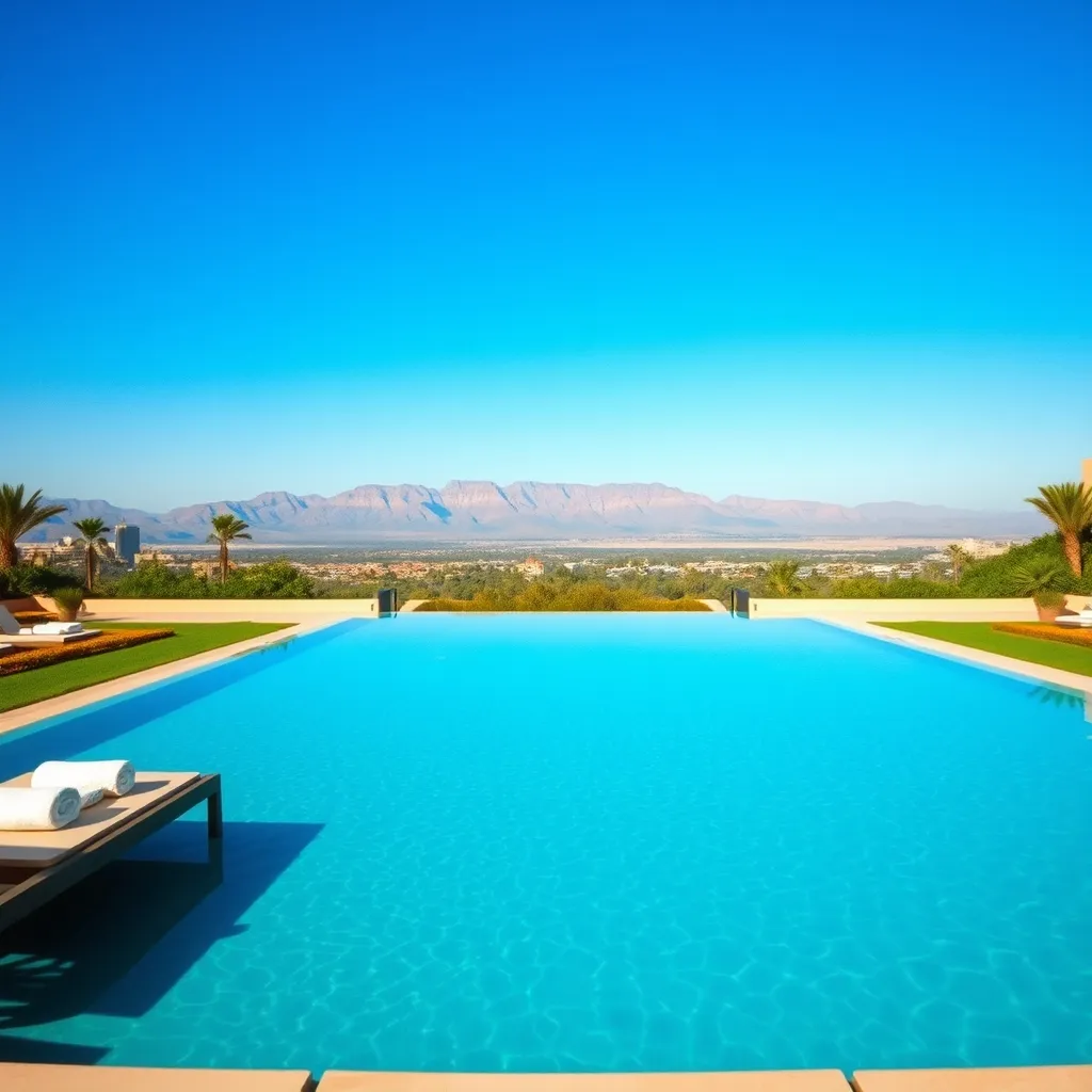 Piscine à débordement d'un resort de la Palmeraie avec vue sur l'Atlas