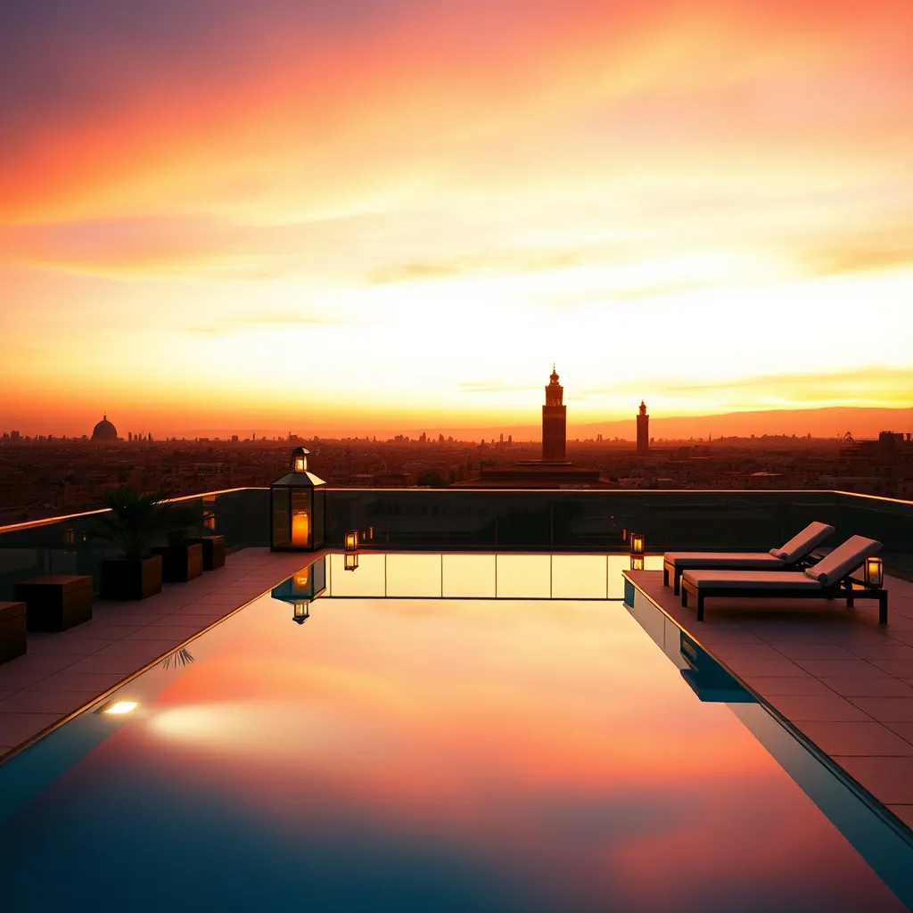 Piscine rooftop d'un boutique-hôtel à Guéliz au coucher du soleil