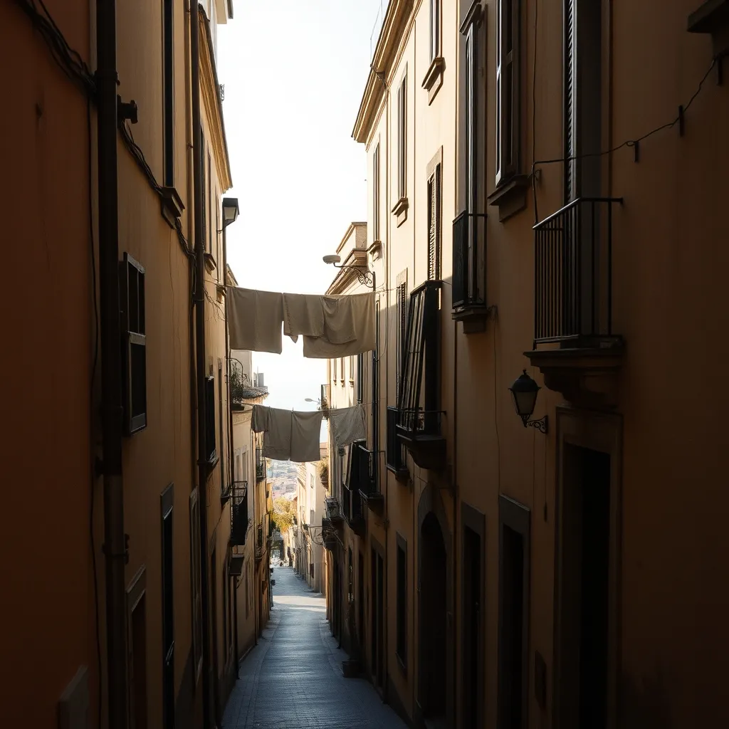 Ruelle du quartier Kalsa à Palerme avec la mer en perspective