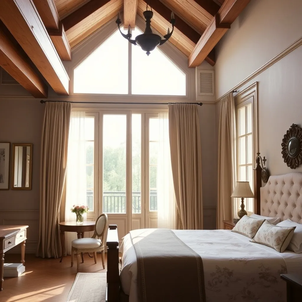 Chambre d'hôtel de charme parisien avec poutres apparentes et mobilier ancien
