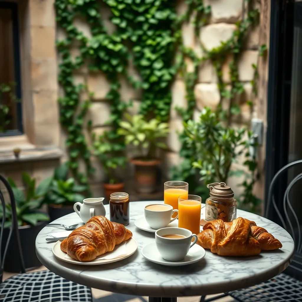 Petit-déjeuner servi dans la cour intérieure d'un hôtel de charme à Paris