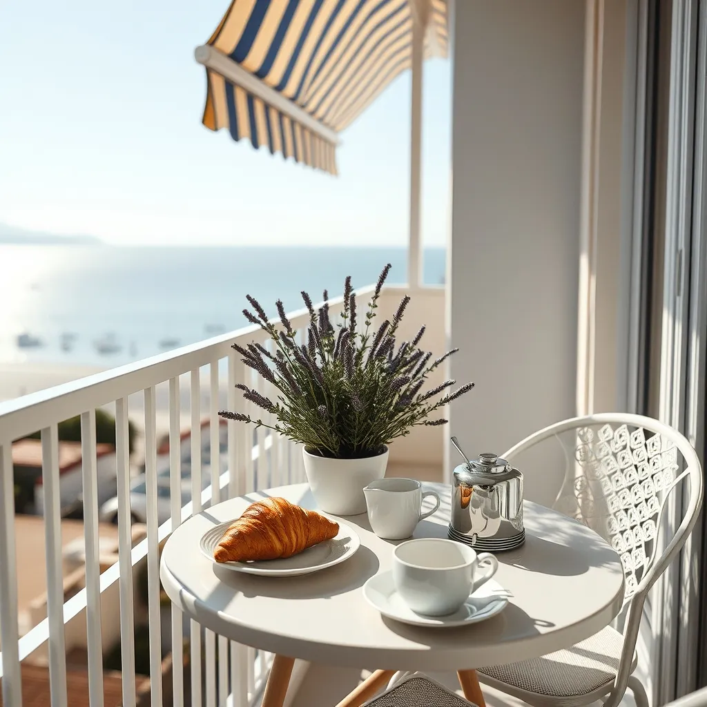 Petit-déjeuner sur le balcon d'un appartement de vacances face à la Méditerranée
