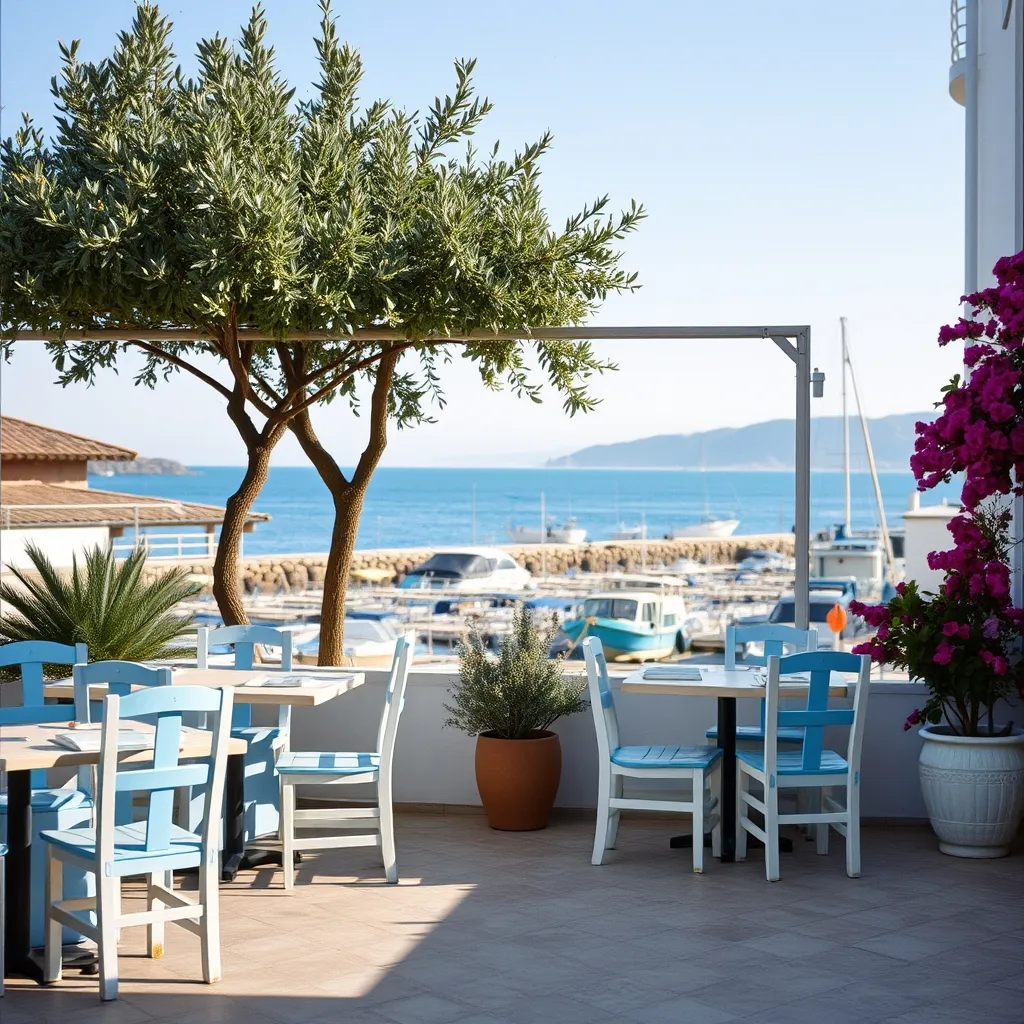 Terrasse d'une taverne grecque traditionnelle face au port en Crète