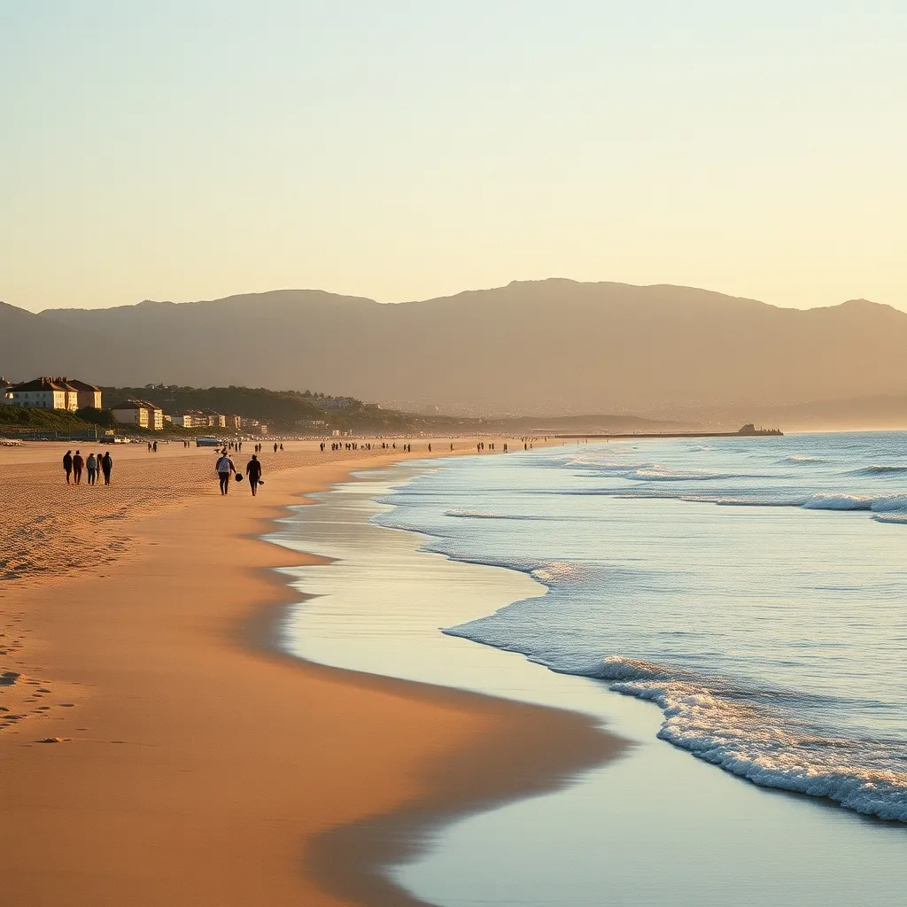La grande plage de Saint-Jean-de-Luz au coucher du soleil, avec les Pyrénées en toile de fond
