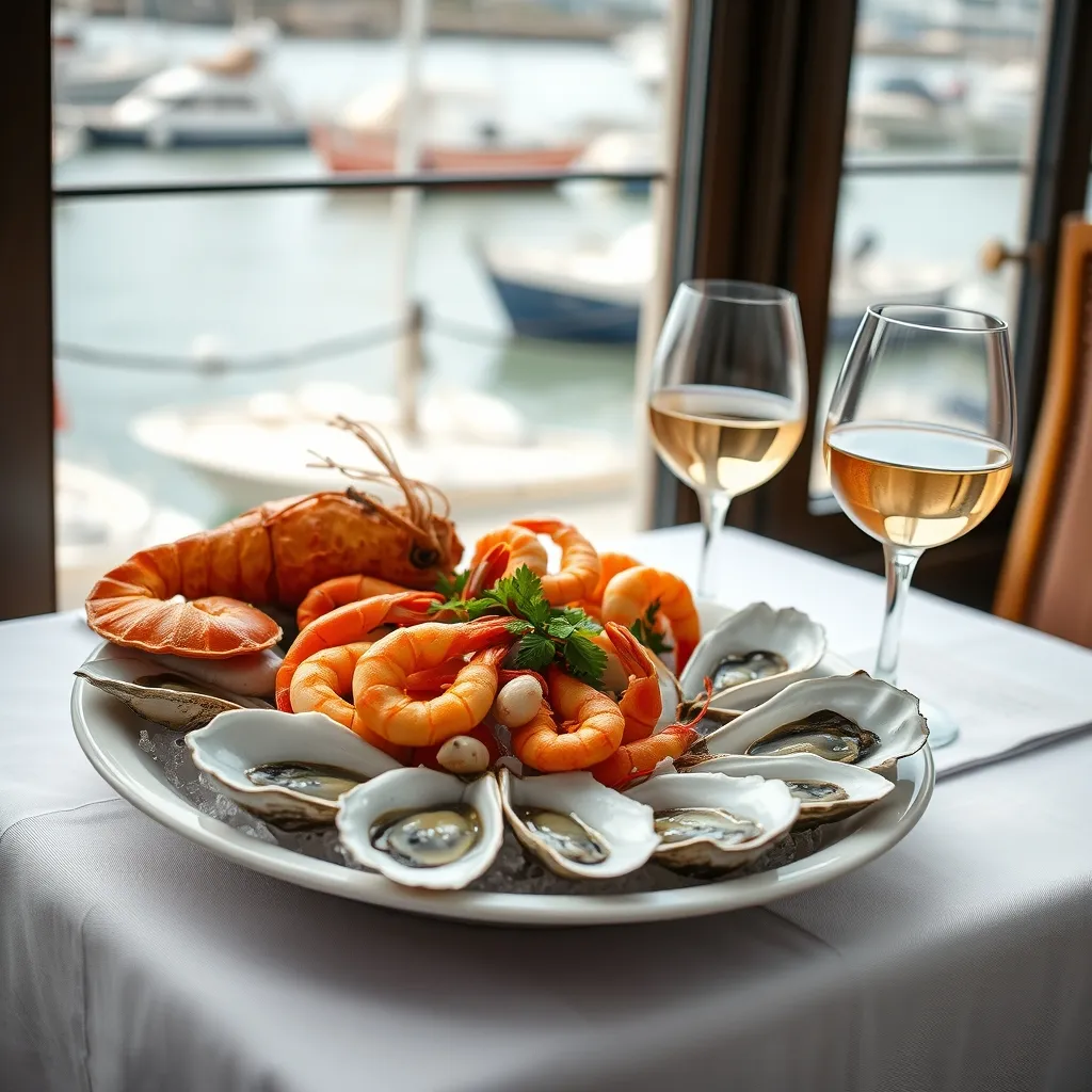 Plateau de fruits de mer servi au restaurant de l'hôtel avec vue sur le port