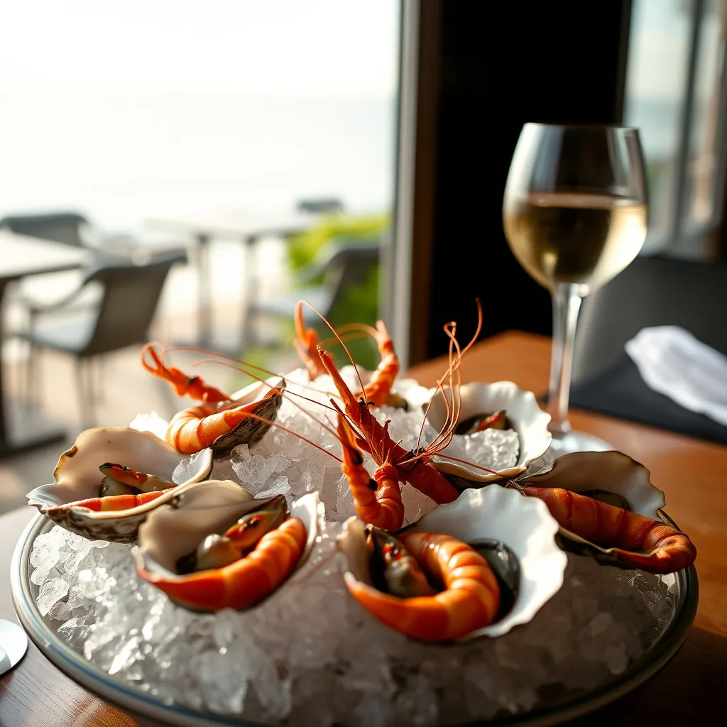 Plateau de fruits de mer servi au restaurant de l'hôtel avec vue sur la baie de Damgan