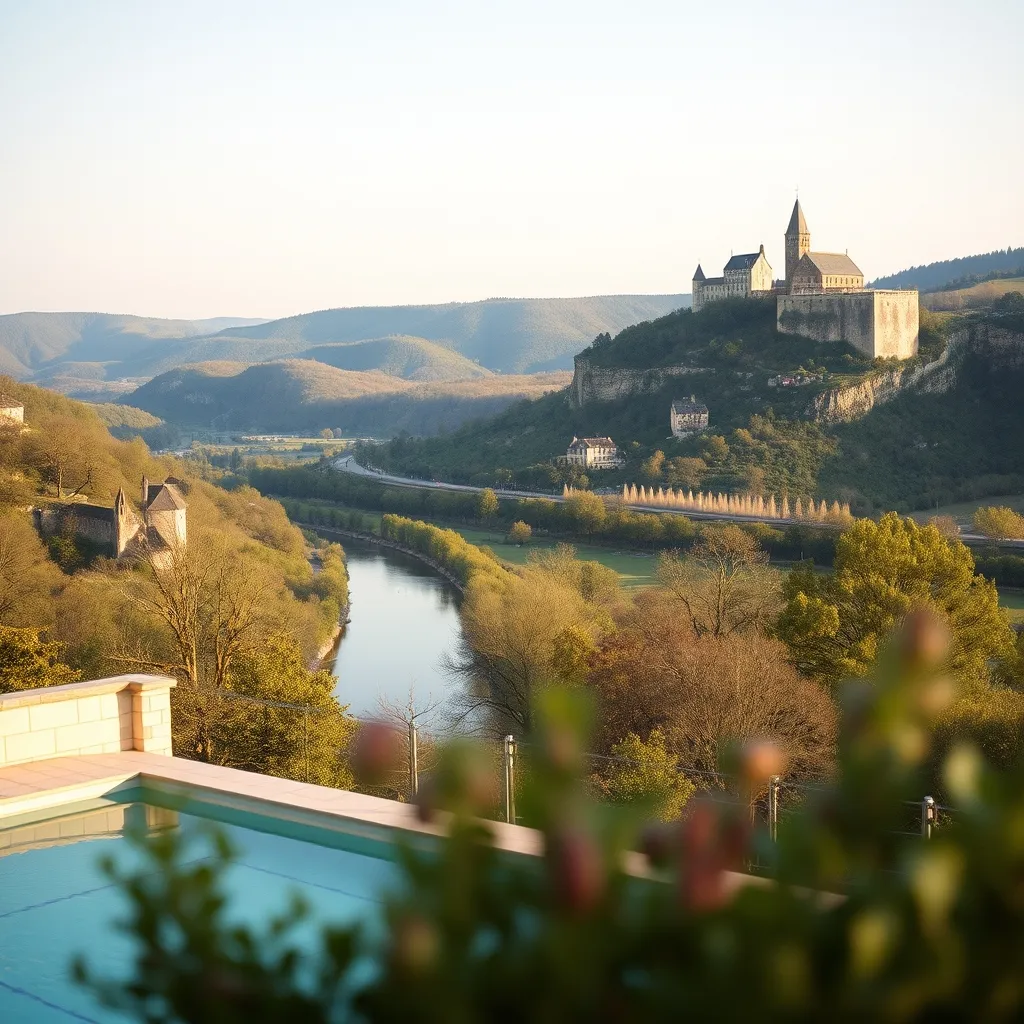 Vue sur la vallée de la Dordogne depuis la terrasse d'un hôtel du Périgord Noir