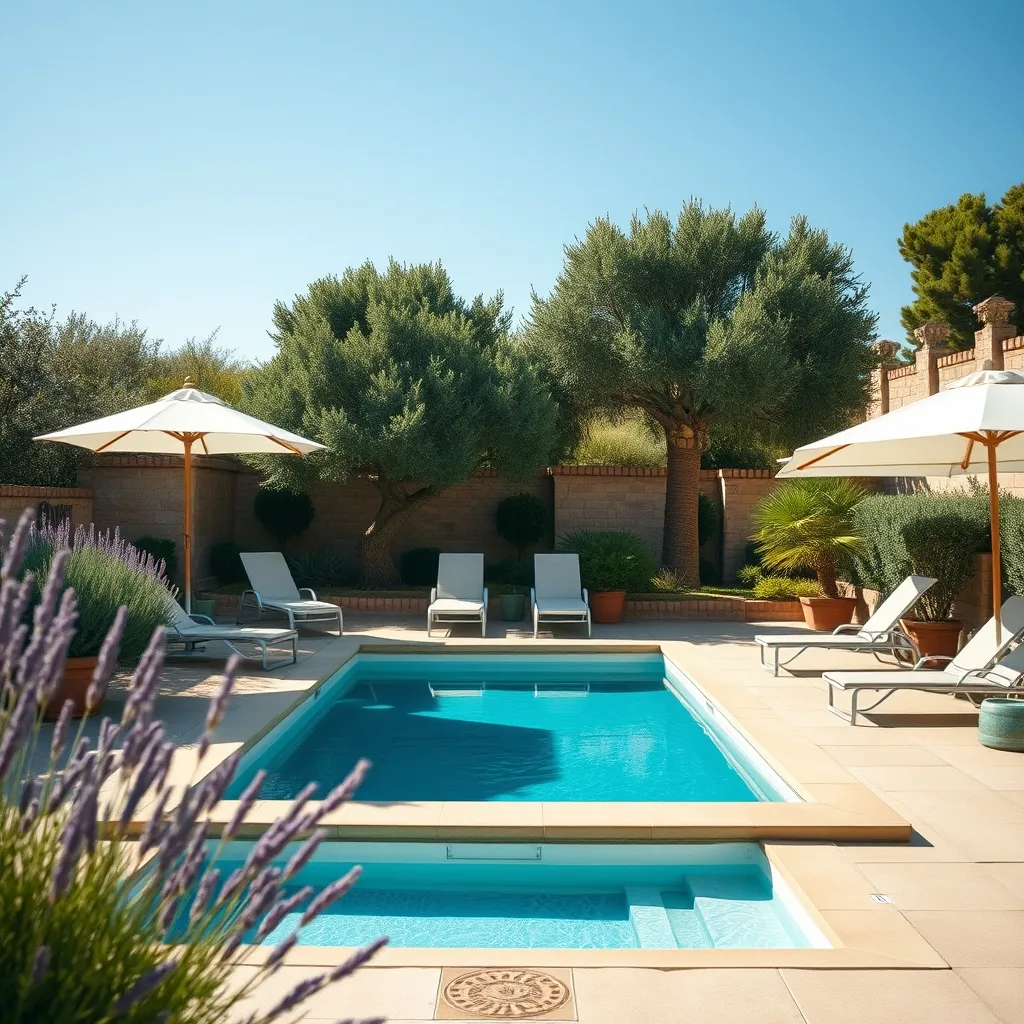 La piscine extérieure entourée de végétation méditerranéenne