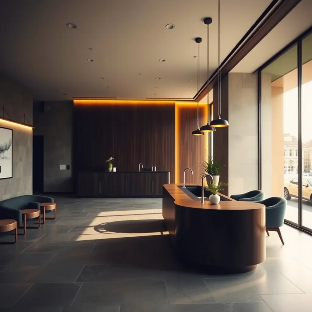 Le hall de réception de l'hôtel allie modernité et matériaux nobles