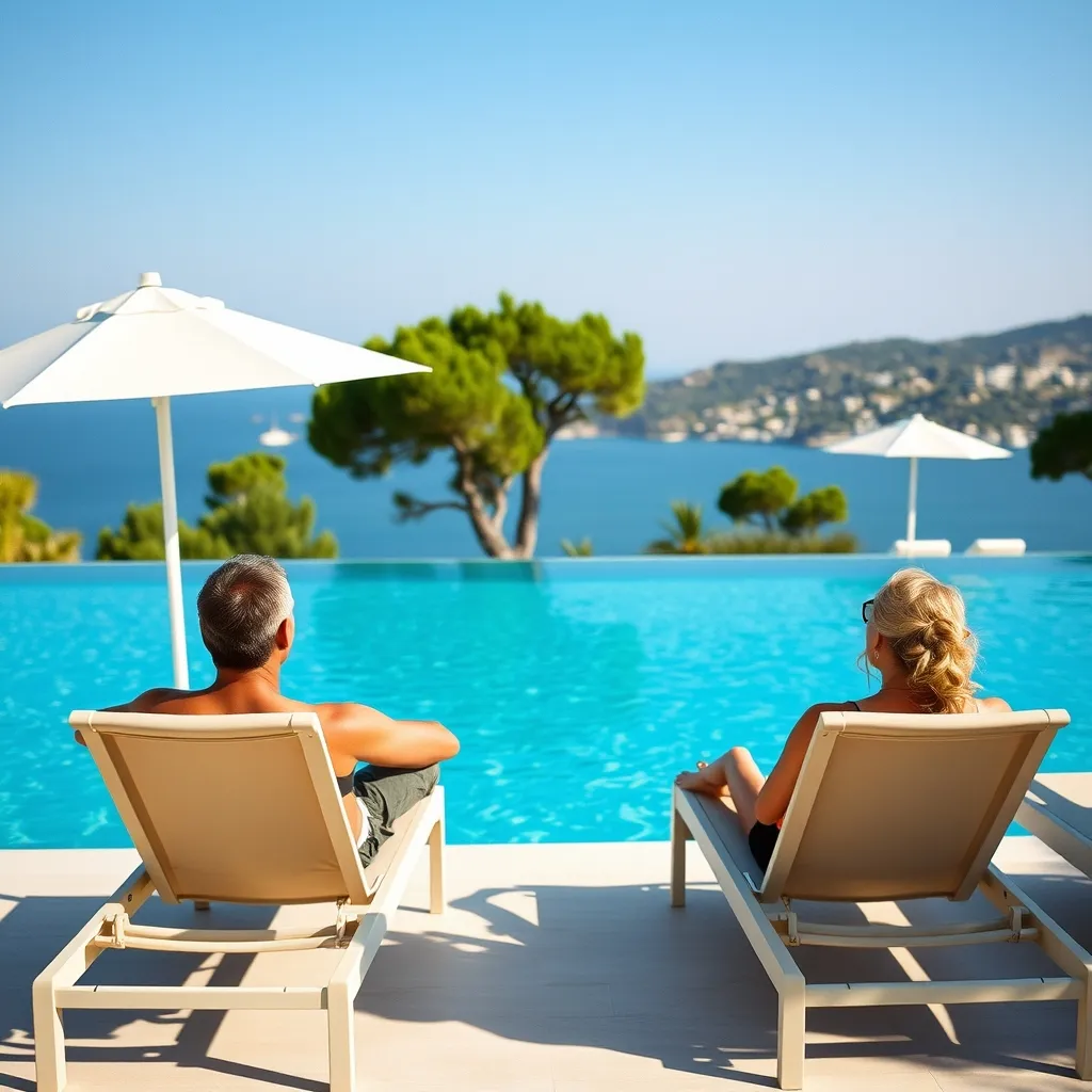 Détente au bord de la piscine à débordement avec vue sur la mer Égée