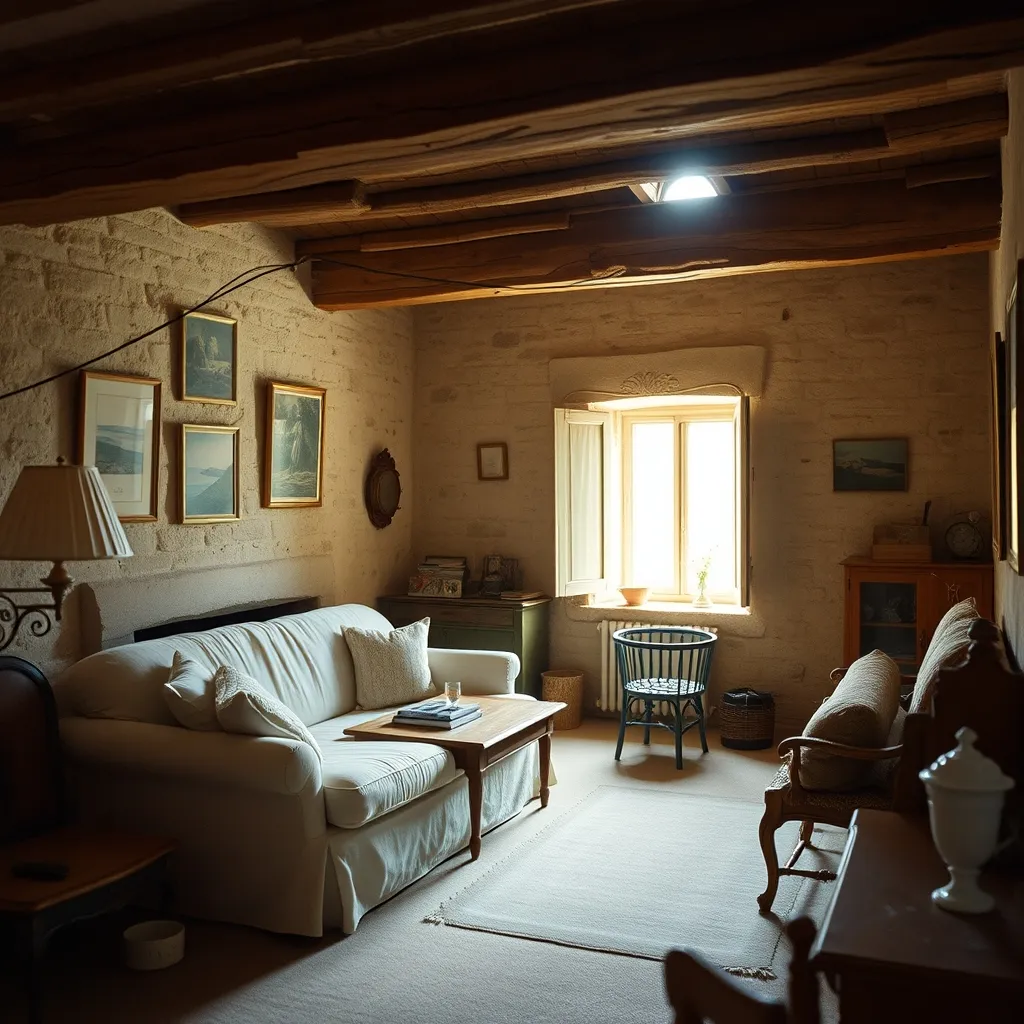 Intérieur chaleureux d'un gîte de charme avec pierres apparentes et poutres en chêne