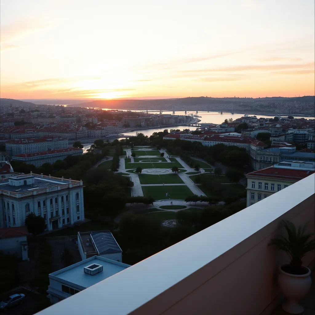 Vue panoramique sur le parc Édouard VII et le Tage depuis les étages supérieurs de l'hôtel
