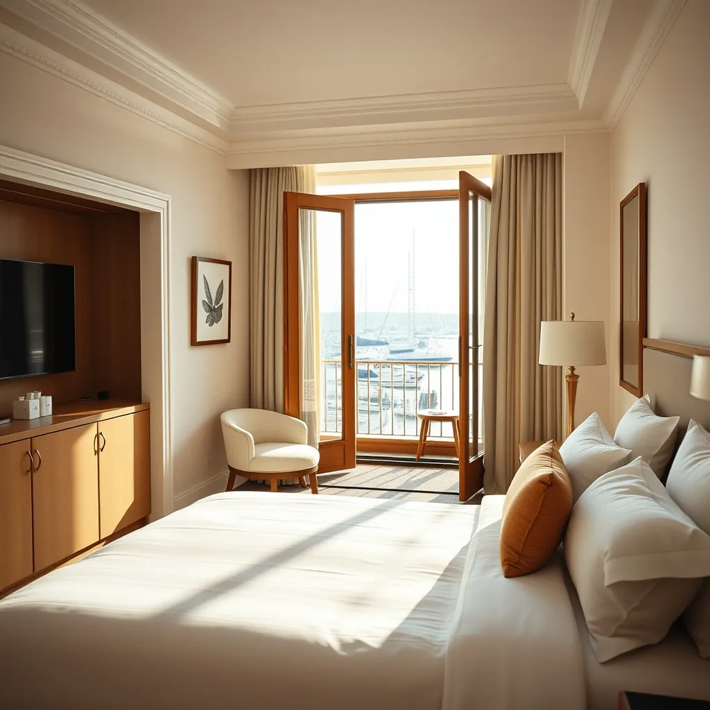 Les chambres vue marina offrent un panorama saisissant sur le port de plaisance et les îles au loin